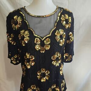 Stenay Sequin Beaded Top Blouse 100% Silk Black Gold Mesh Scalloped Hem XL